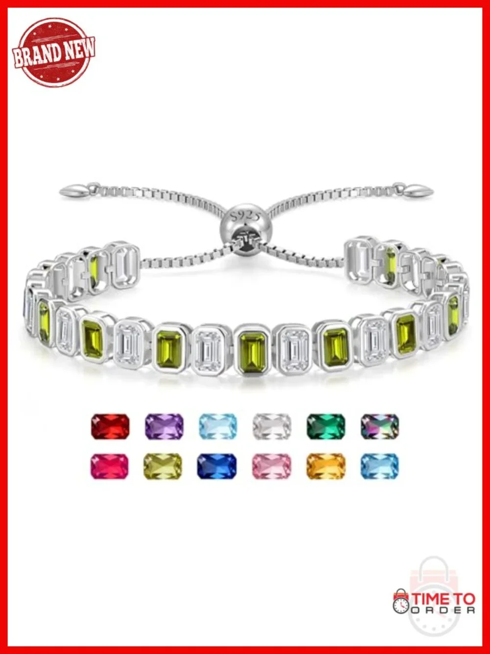 Sterling Silver Tennis Bracelet with Emerald Cut Stones and Adjustable Slider